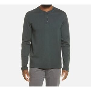 Vince. Dark Green Garment Dye Cotton Long Sleeve Henley Shirt Top, size L